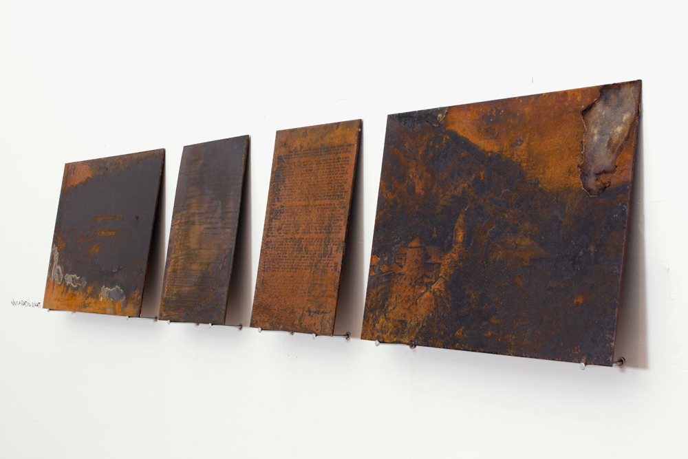 "The Record" Steel, Cured UV print, etching. Dimensions 210 x 40cm. 2012.